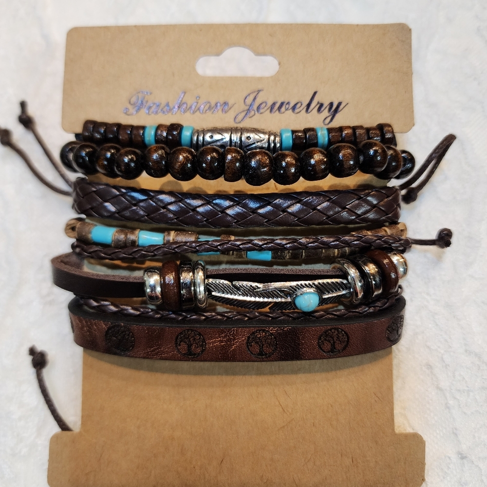 6 Stackable Western Cowboy Style Beaded Adjustable Bracelets-Unisex
